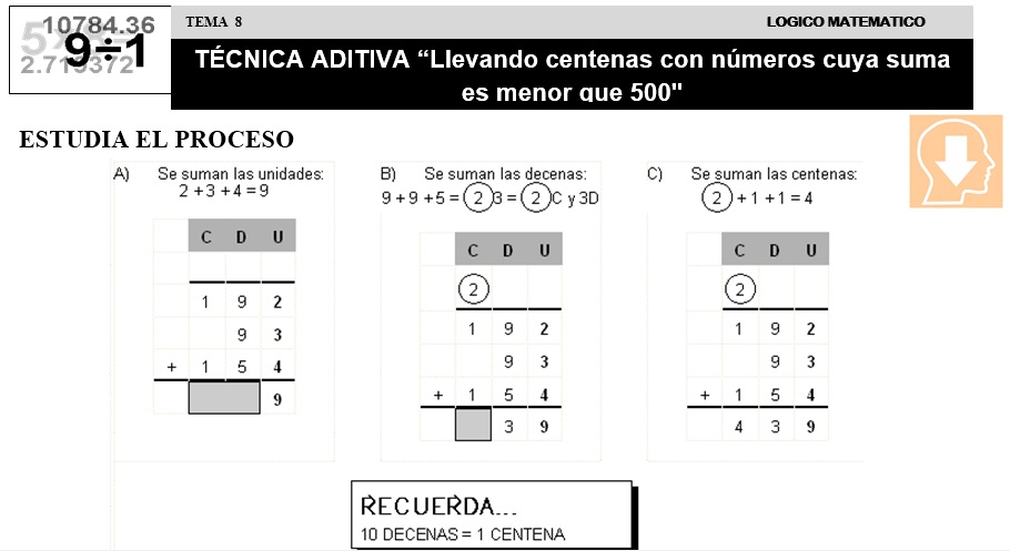 08 TÉCNICA ADITIVA - Llevando centenas con números cuya suma es menor que 500 - SEGUNDO DE PRIMARIA