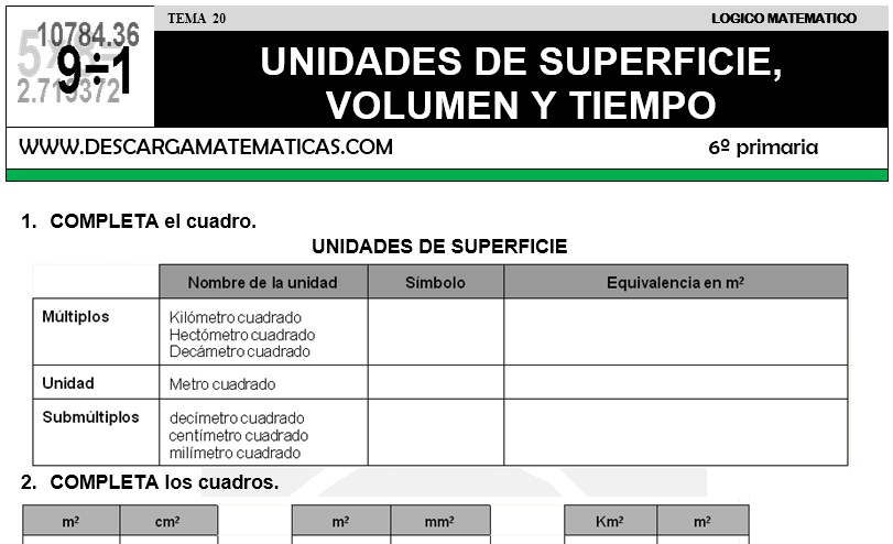 20 UNIDADES DE SUPERFICIE, VOLUMEN Y TIEMPO - SEXTO DE PRIMARIA
